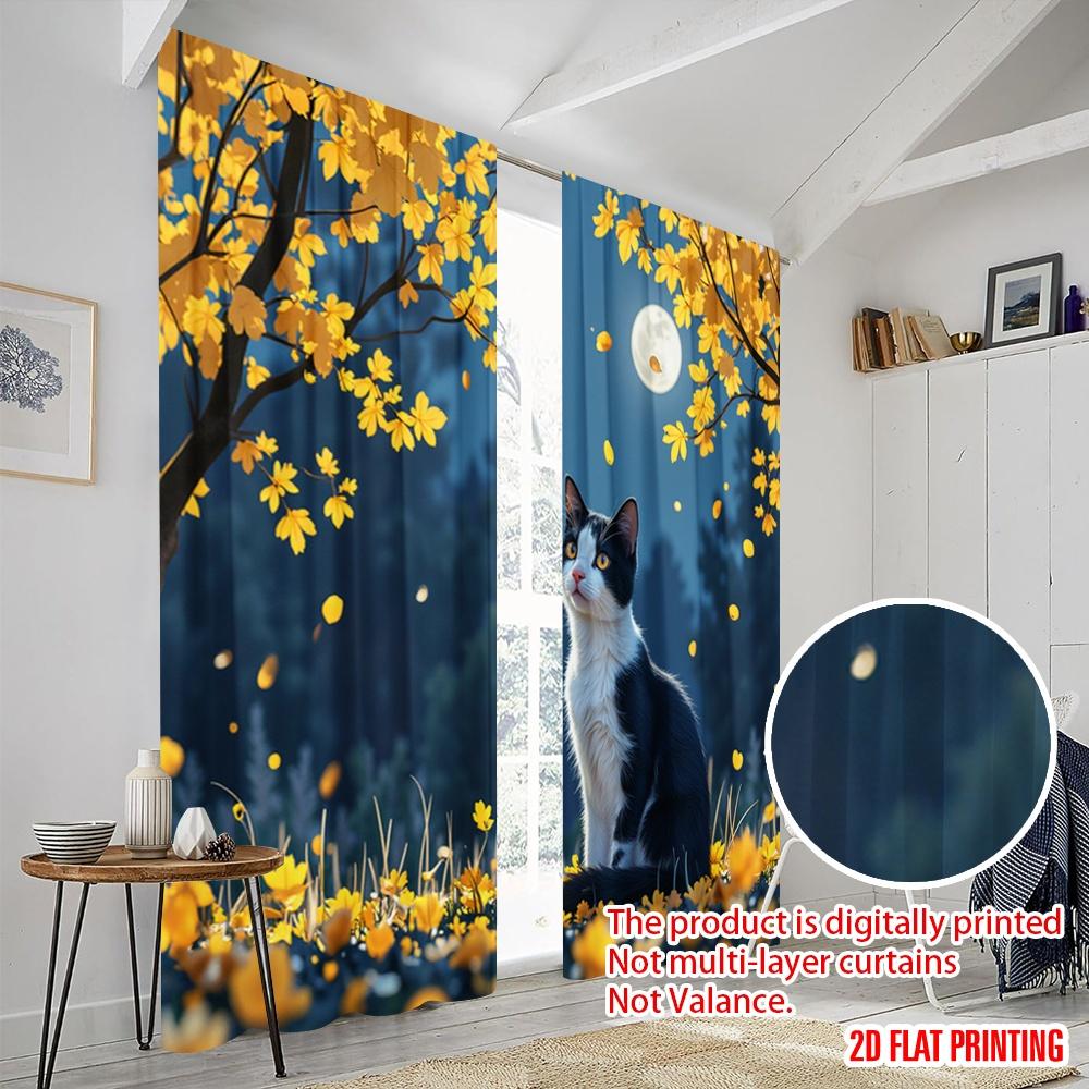 Set Of 2 Flat Printing Window Treatment Curtains Cats Staring Quiet Moonlight Polyester Fabric Without Electricity Festive Curtain