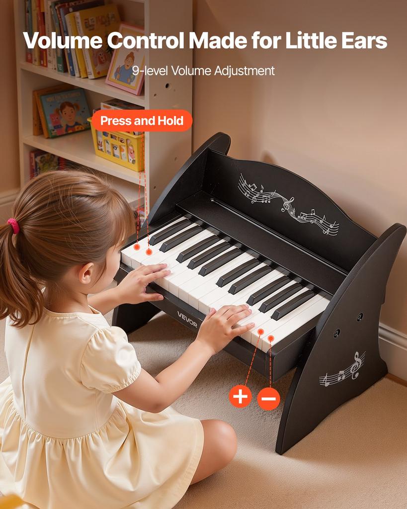 VEVOR Kids Piano Keyboard, 25 Keys Wooden Digital Piano for Kids, Mini Music Educational Instrument Toy with Realistic Sound, Dual Power