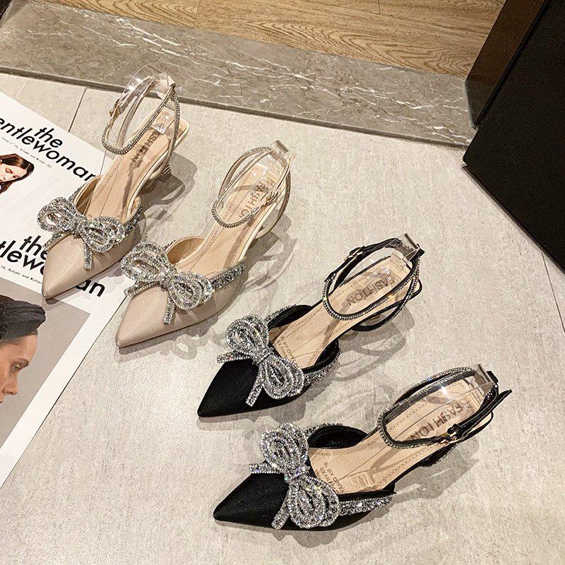 2026 Pointed Toe Women's Sandals Crystal Bow High Heels Shoes Summer Luxury Mary Jane Shoes Party Pumps Sexy Slides Mujer Zapato