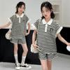 Girls' Trendy Striped POLO Shirt & Shorts Set - Casual Summer Style