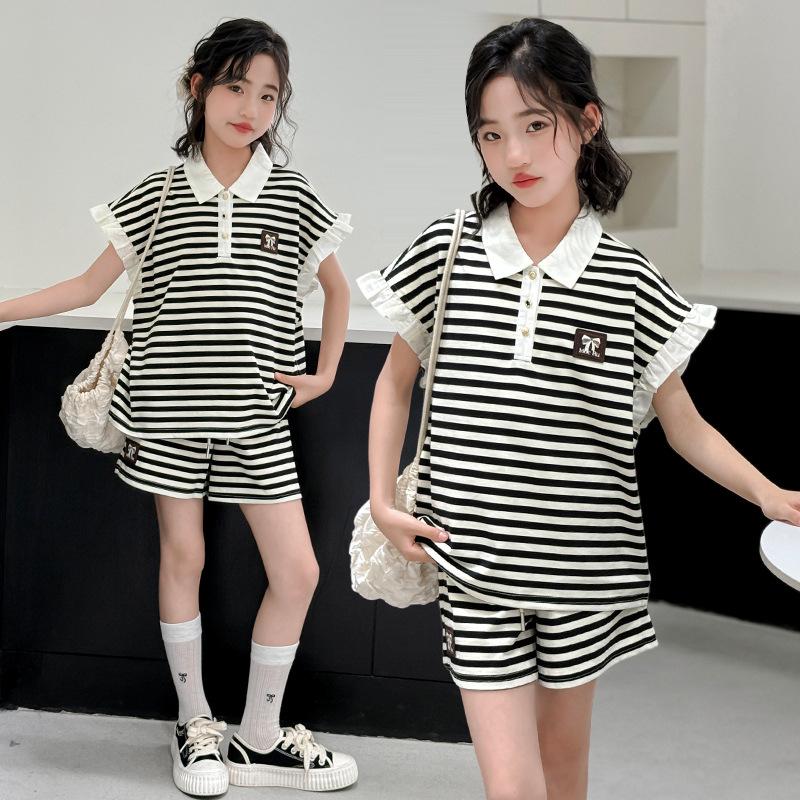 Girls' Trendy Striped POLO Shirt & Shorts Set - Casual Summer Style