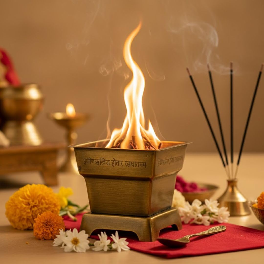 100% Pure Brass Havan Kund for Daily Pooja,Yagya & Agnihotra | Antique Finish with Vedic Shloka Engraving | Festival & Housewarming Gift Set