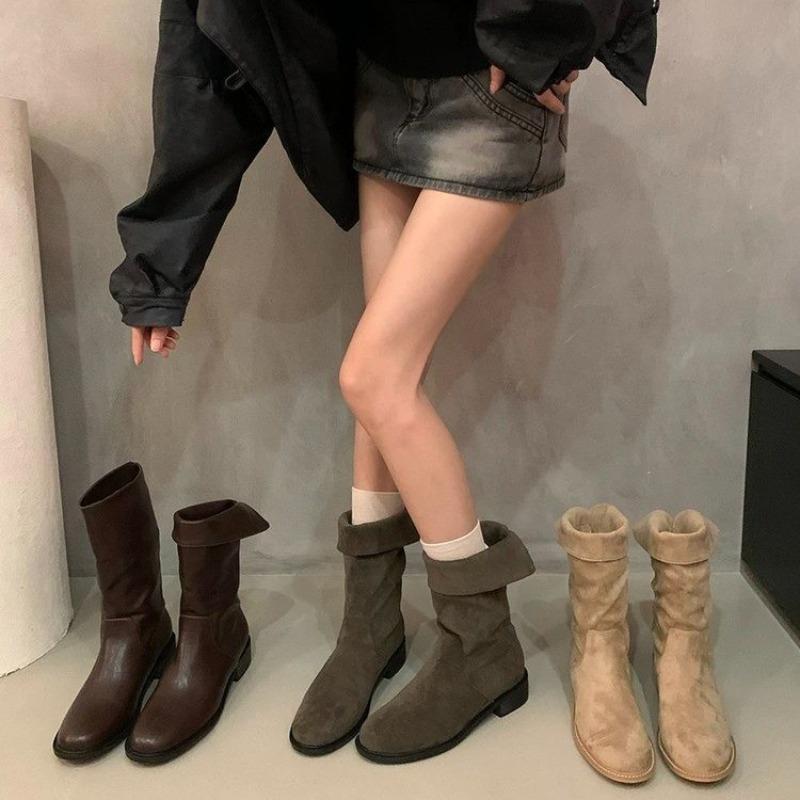Schlankmachende Briti Sle Mid-Calf Knight ort Stiefel Damen Modische Stiefel Frühling Herbst Einzelstiefel PU-Leder Wate...