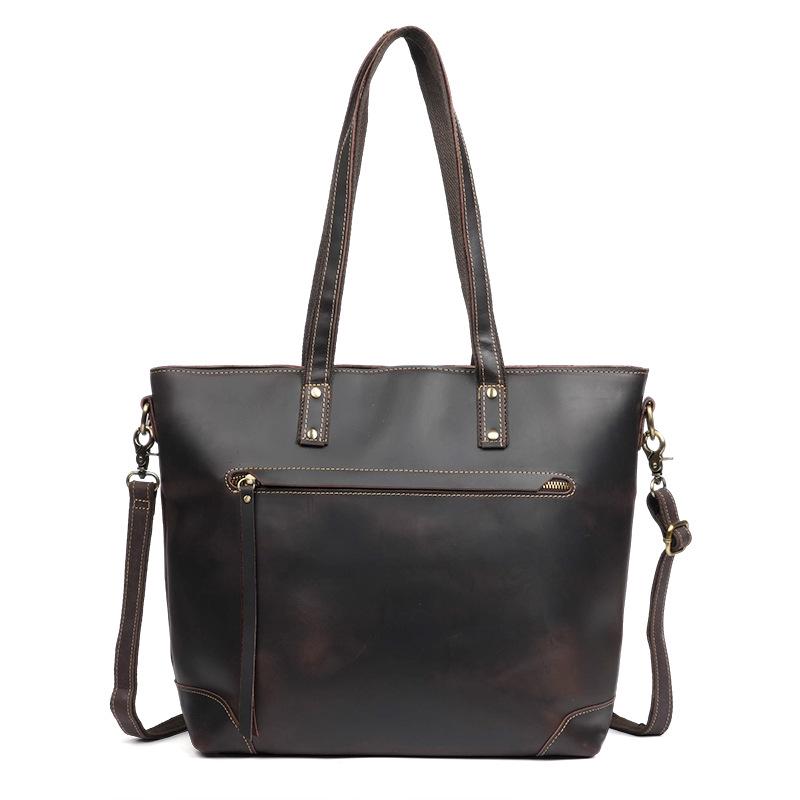 Vintage Unisex Crazy Horse Leather Tote Bag: Large Capacity, Fashionable Single Shoulder Cowhide Handbag
