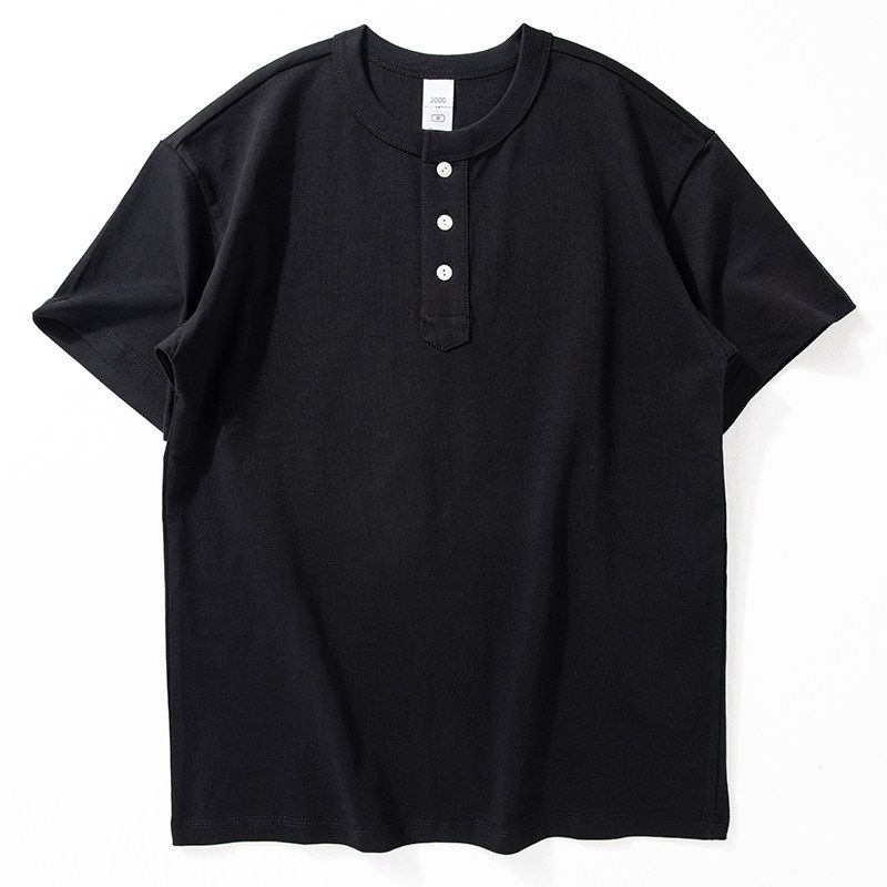 American-Style 300g Heavyweight Short-Sleeve T-Shirt for Men, Summer Casual Solid Color Versatile Top, Stylish Henley Collar Pure Cotton Half-Sleeve