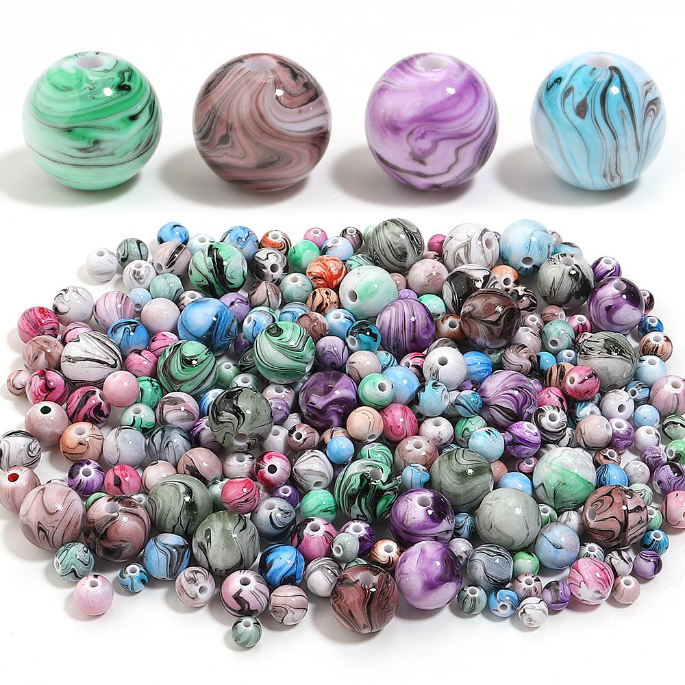 30-100pcs 6/8/10/12/14mm Resin Beads Ink Painting Round Loose Spacer Beads For DIY Jewelry Making Bracelets Necklace Accessories