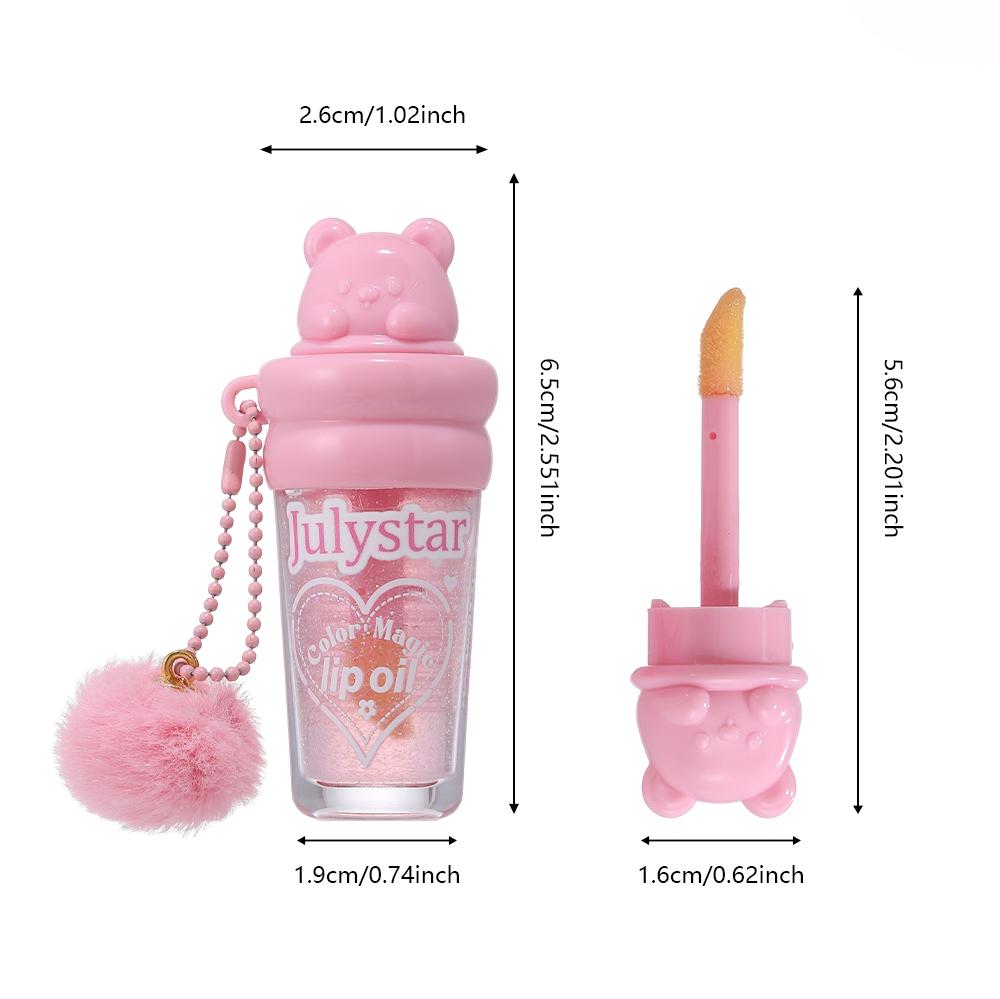 Olio Labbra Orsetto Carino Che Cambia Colore, Glassa Magica Che Cambia Colore con la Temperatura, Olio Labbra Idratante Lucido Glitterato con Portachiavi a Pompon di Peluche, Trucco Portatile