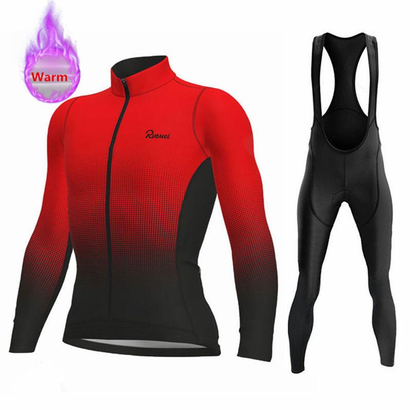 Rvouei Winter Lange Mouw Thermisch Fleece Fietsjersey Set Koersbroek Ropa Ciclismo Fietskleding MTB Fietsjersey Uniform