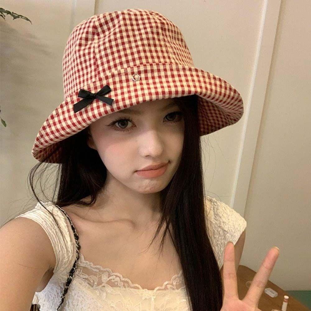Gingham Check Plaid Bucket Hat Casual Fisherman Hat Stylish Wide Brim Sun Hat Beach