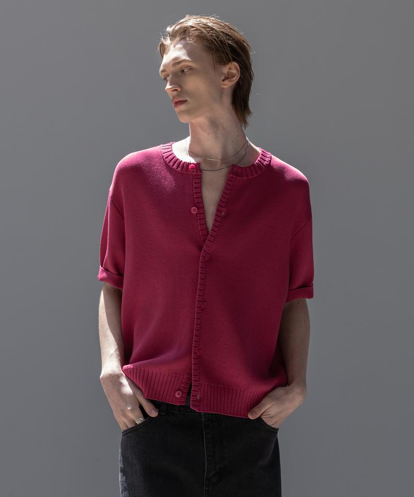 Dekkoloso Panel Rib Short Sleeve Summer Round Cardigan [Deep Pink]