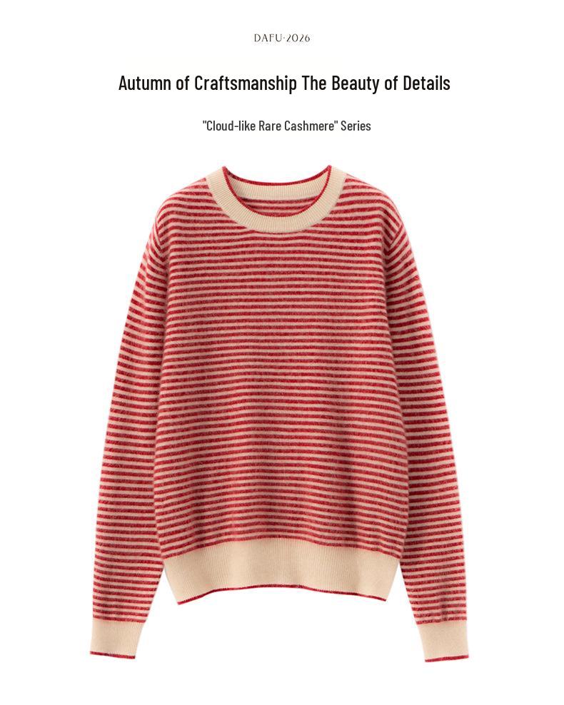 Women's Cashmere Striped Round Neck Sweater - 2026 Autumn/Winter Collection, Loose Fit, Gentle Style, Slimming, Warm Base Layer