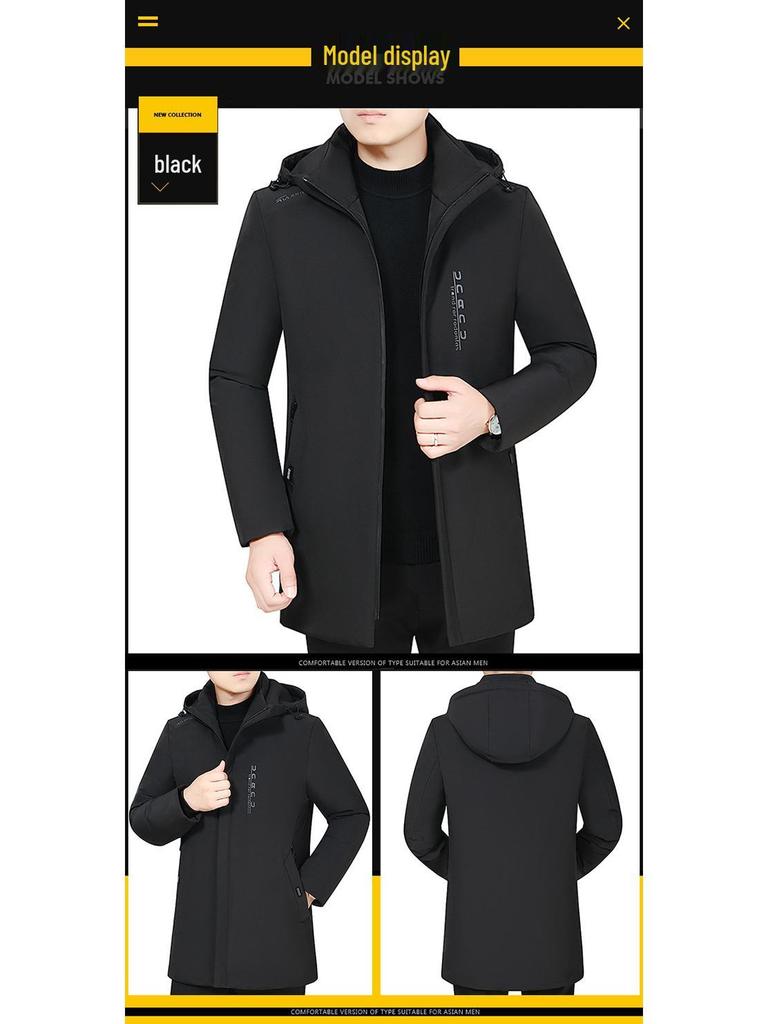 Men's Winter Hooded Mid-Length Cotton Coat for Seniors - Thick, Plus Size Padded Jacket