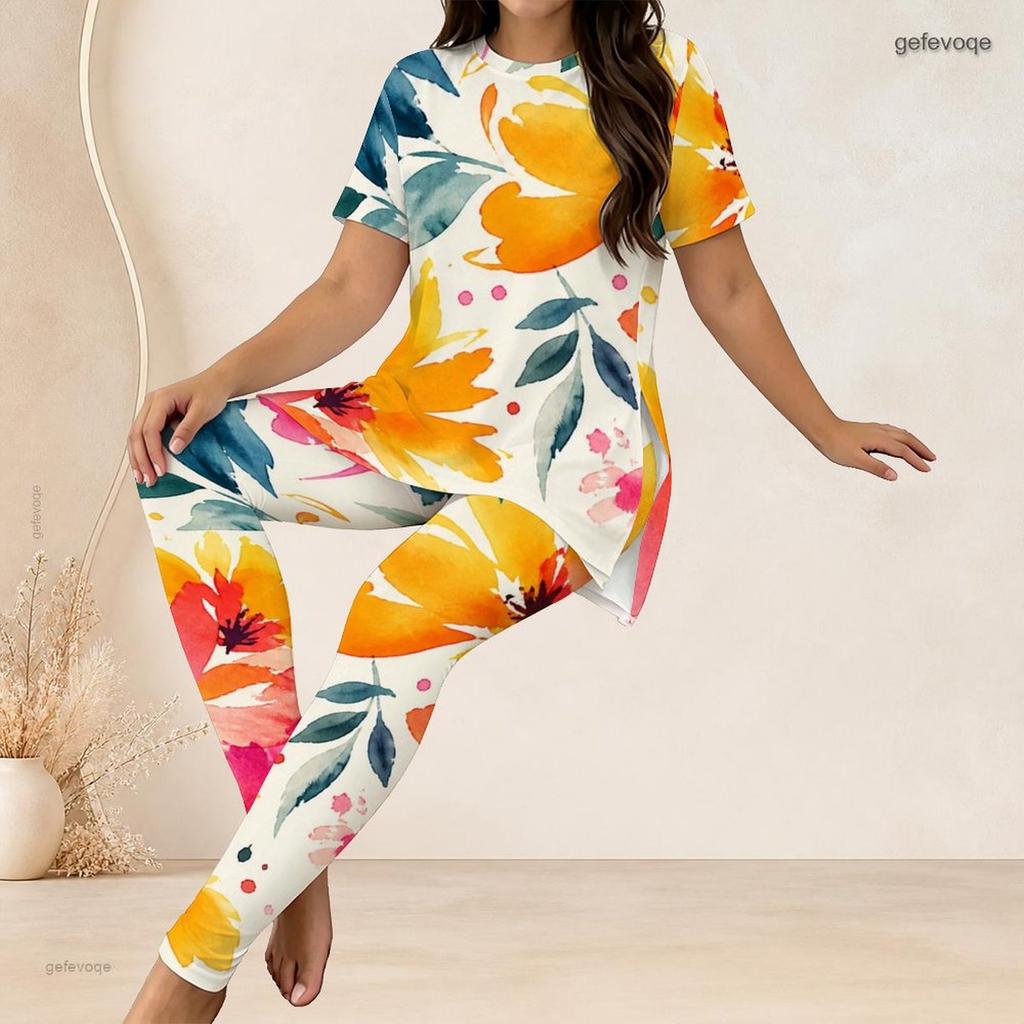 Women Plus Size Two Piece Suit Crew Neck Short Sleeve Shirt Long Pants