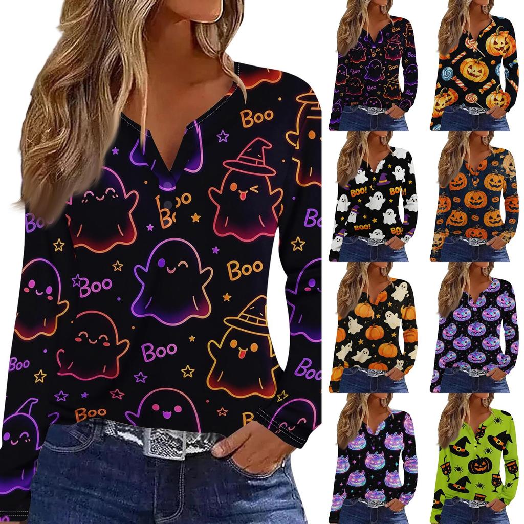Women's Long Sleeve V Neck T Shirt Halloween Print Button Detail Casual Fashion Top Slim Fit Stretchy Fabric Comfortable Wear