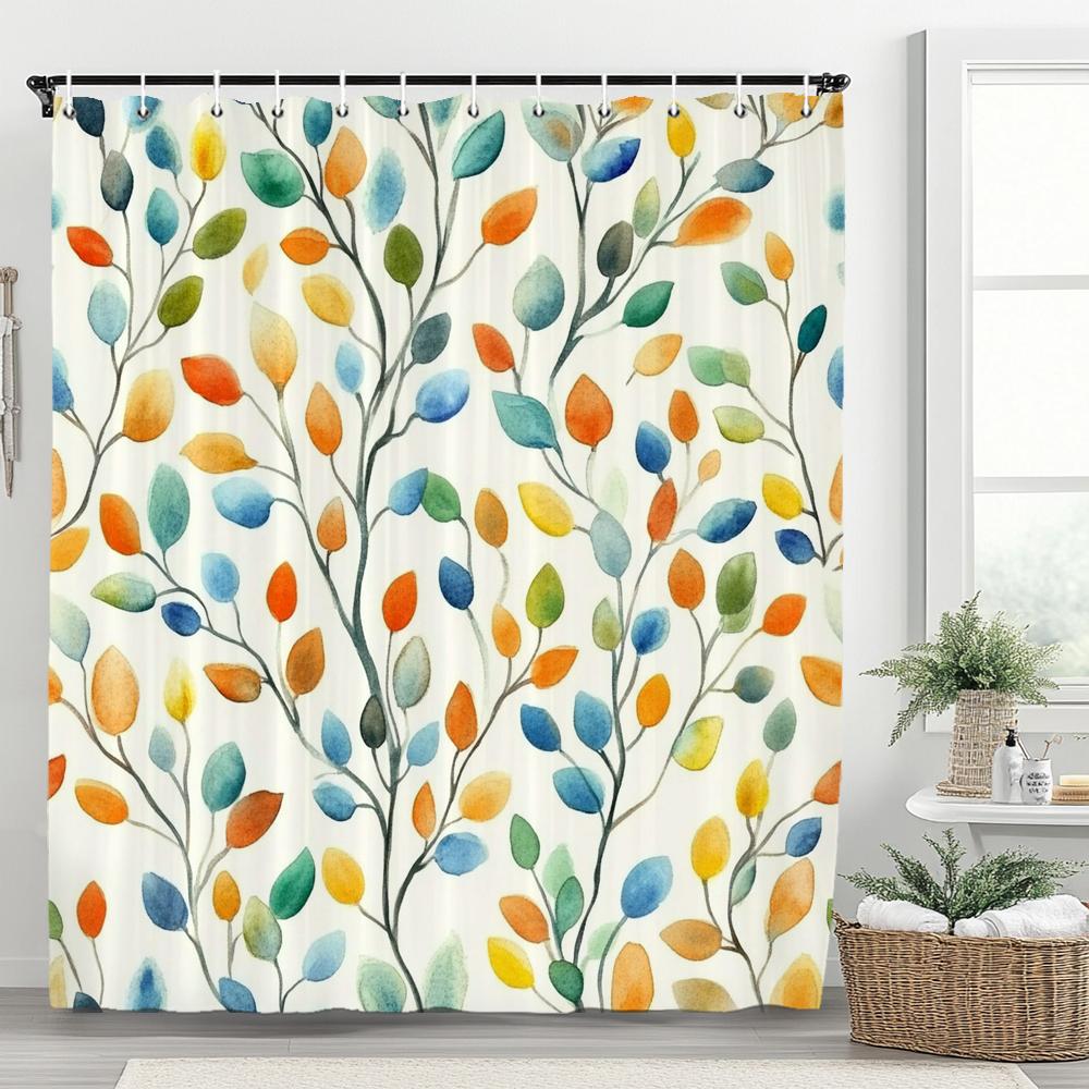 1pc Autumn Leaves Shower Curtain, Bathroom Decorative Shower Curtain, Printed Polyester Fabric Shower Curtain with Hooks