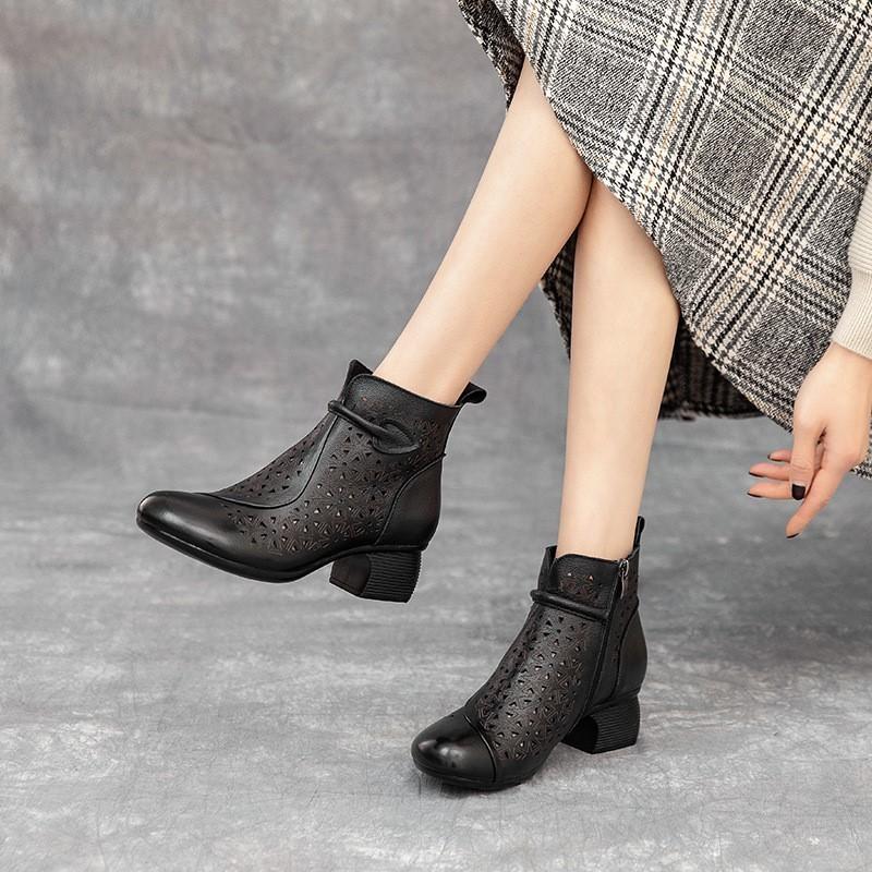 Johnature Hollow Out Boots Genuine Leather Retro Ethnic Style Soft Sole Thick Heel Breathable Women's Shoes