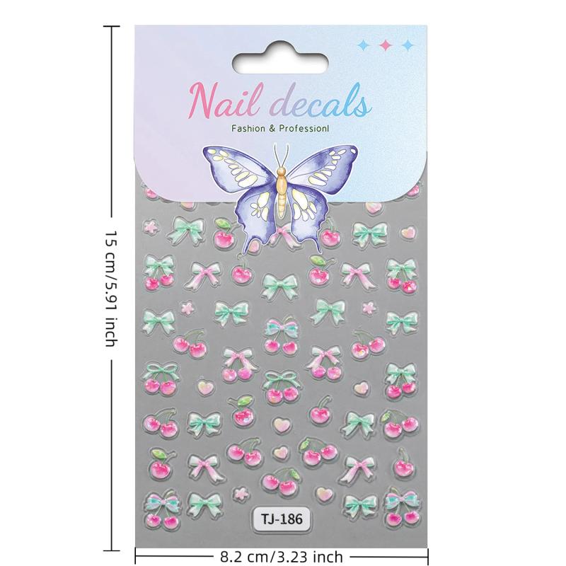 Cute Cherry Bow Nail Stickers Relief 3D Nail Appliques Adhesive Sliders Nail Art Accessories Nail Decoration
