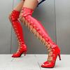 Fashion Summer Rivet Chain Fish Mouth Women Cool Boots Sexy Red High Heel Sandals Dress Party Over Knee Motorcycle Boots Size 34-48