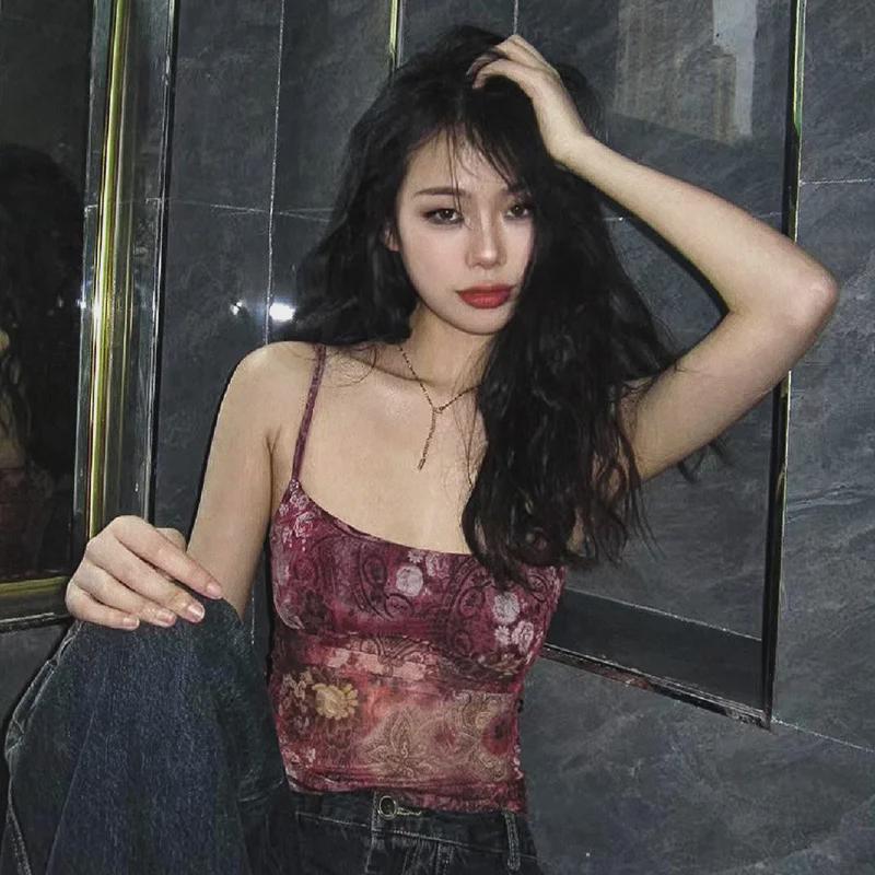 American Street Retro Print Mesh Crop Top Waist-High Vest
