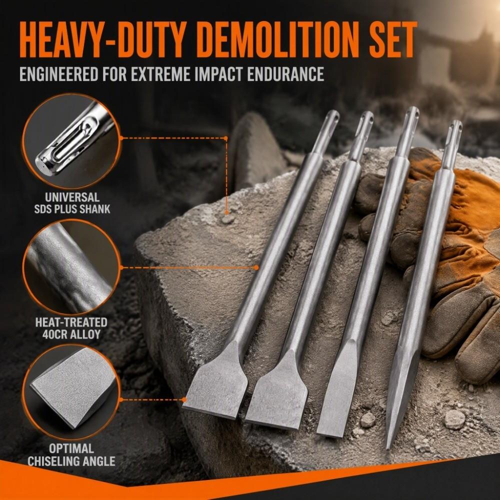 4pcs Round Shank Chisel Bit Set SDS Plus Shank Electric Hammer Bit  For Concrete Structure