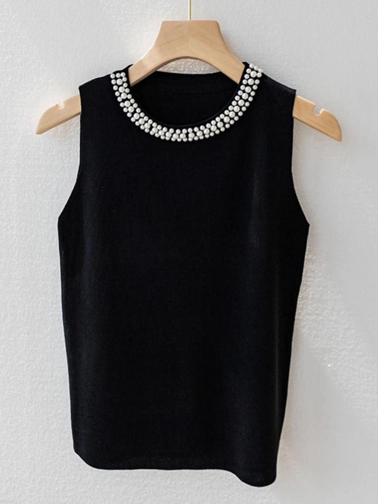 Korea Knitted Vests Women Top Solid Tank Blusas Mujer De Moda Summer New Fashion Female Sleeveless Beading Casual Thin Tops