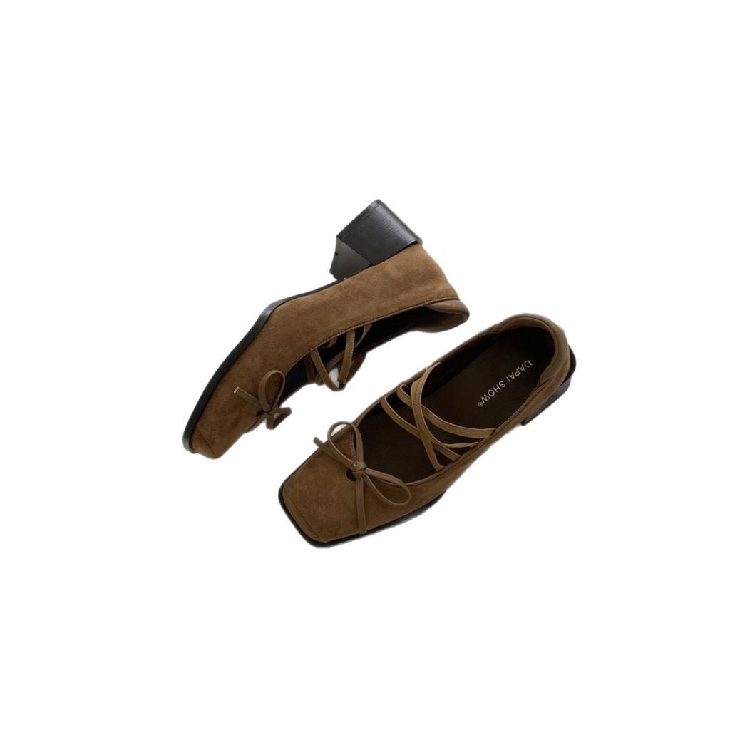 2025 Autumn New Temperament Versatile Square Head Simple Fairy Style Bow Internet Celebrity Comfortable Explosion Thick Heel Shoes