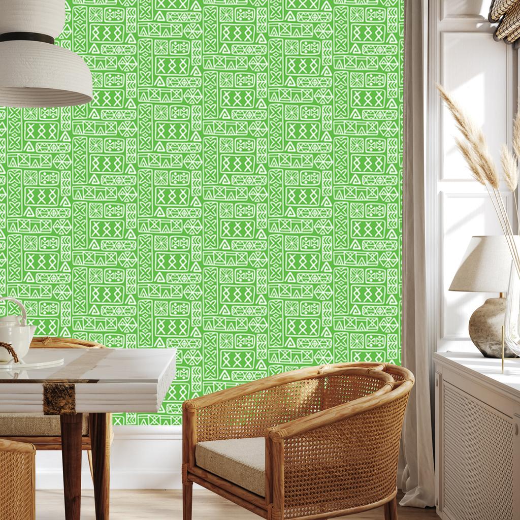 Polynesian Geometric Pattern Wallpaper Mint and Green 50x1000