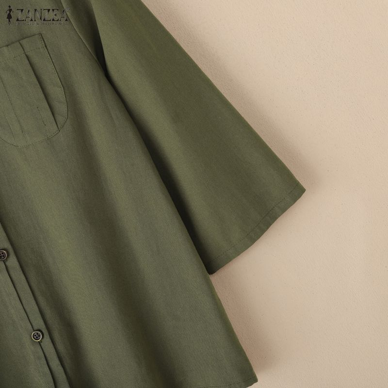 ZANZEA Lässige Damenbluse mit Rundhalsausschnitt und 3/4-Ärmeln, lockere Baumwollbluse