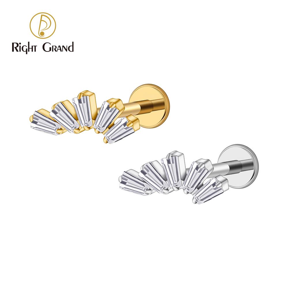 Right Grand ASTM F136 Titanium 16G Baguette CZ Cluster Labret Stud Trapezoid Tragus Monroe Helix Cartilage Earlobe Piercing