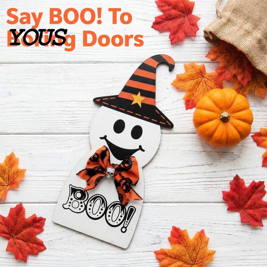 Halloween House Decor Door Sign for Front Door, Wooden Ghost Pumpkin Black Cat Party Supplies Hanger Wreath, Rustic Farmhouse Welcome Porch