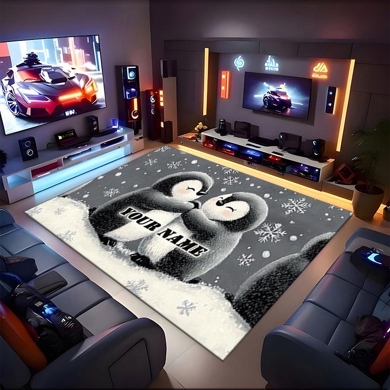 1PC Custom Name Winter Penguin Friendship Theme Floor Mat Ideal for Living Room, Game Rooms, Office, Bedroom,Floor Mat Playful Design
