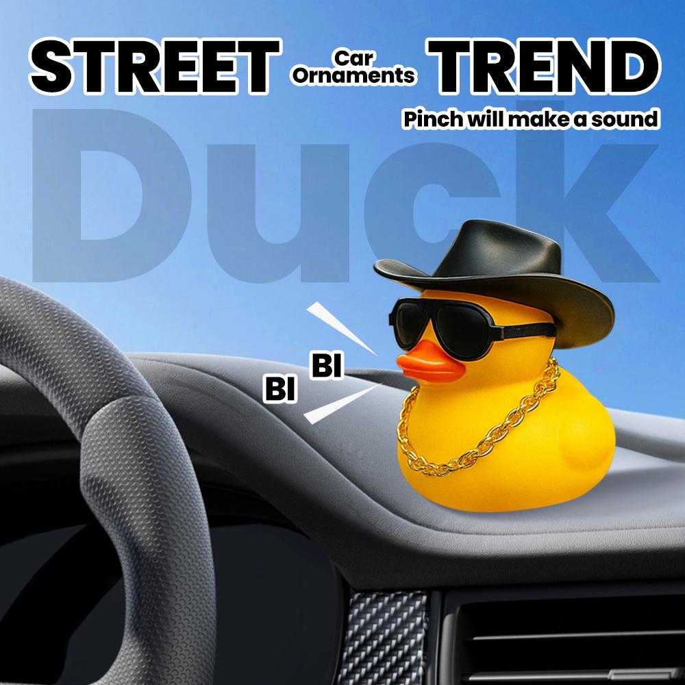 1PC cute yellow duck car ornament with black cowboy hat and sunglasses, car decoration, holiday gift