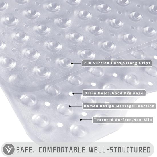 Suction Cup Bath Mat Non-Slip Shower Mat Bathtub Rug with Drain Holes Machine Washable Bathroom Rug for Safe Shower Bath Use