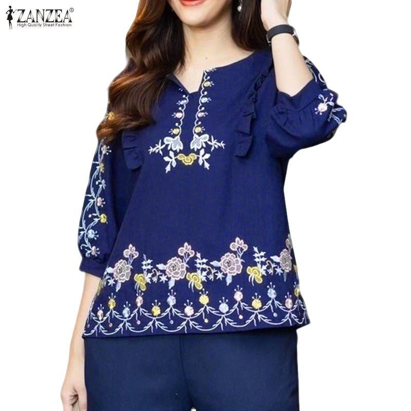 ZANZEA Dámská ležérní halenka s výstřihem do V a 3/4 rukávy s květinovým potiskem