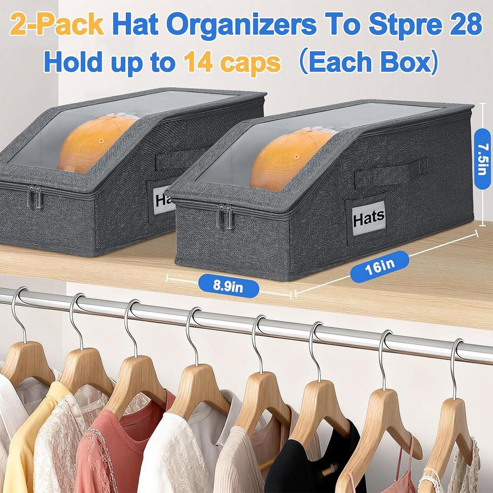 2pcs Stackable Baseball Cap Storage Box Large Capacity Dustproof Case Closet Hat Organizer With Clear Window Hold Up To 28 Caps