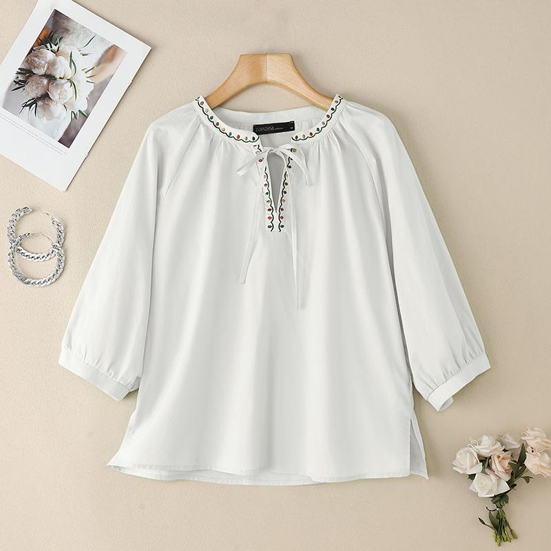 

ZANZEA Women Casual Floral Embroidery V-Neck Loose 3/4 Sleeve Blouse 5XL білий