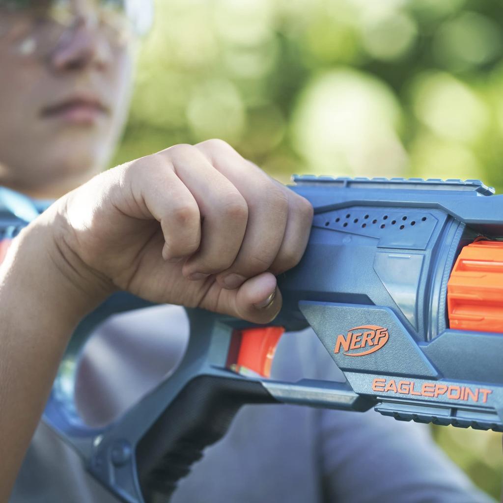 Hasbro Nerf Elite Eagle Point Pistolet na strzałki z lunetą Nerf Bolt Zabawka zewnętrzna dla chłopców i dziewcząt Wiek 2.0 RD-8 Bębenek na 8 strzałek, & Zbiornik, Akcja, 8+