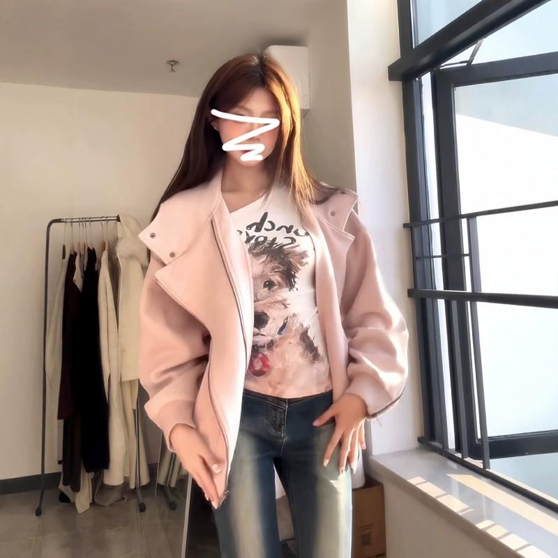 Womens Pink Suede Short Bomber Jacket Fall 2026 Loose Fit Polo Collar Outerwear Casual Chic