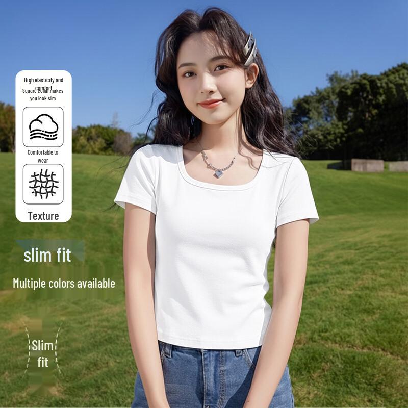Xuezhongfei Women s Square Neck Short Sleeve Slim-Fit Crop Top 170/92A