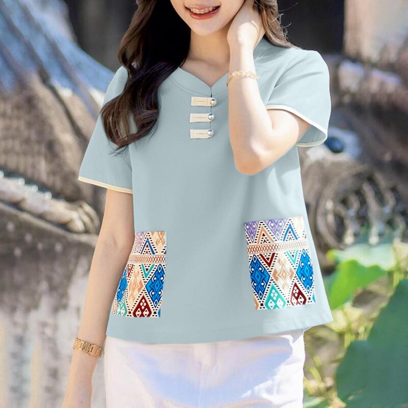 

ZANZEA Женская летняя повседневная блузка с круглым вырезом и коротким рукавом синий