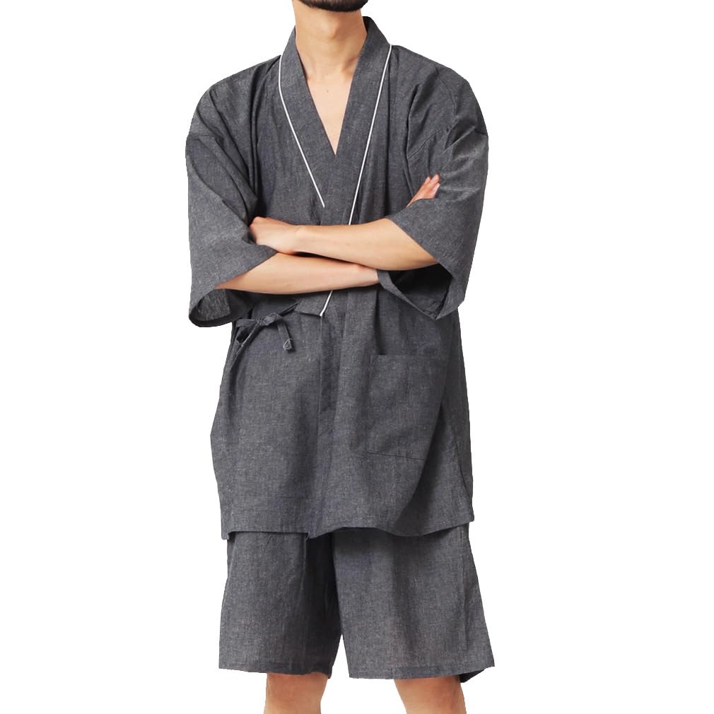 Jinbei pyjamas for kjølig overdel og underdel Japansk Dag Grå [Arcade] Menn, 100% bomull, Materiale, Sommer, Tynn, Romklær, Sett, Loungewear, Samue, Stil,