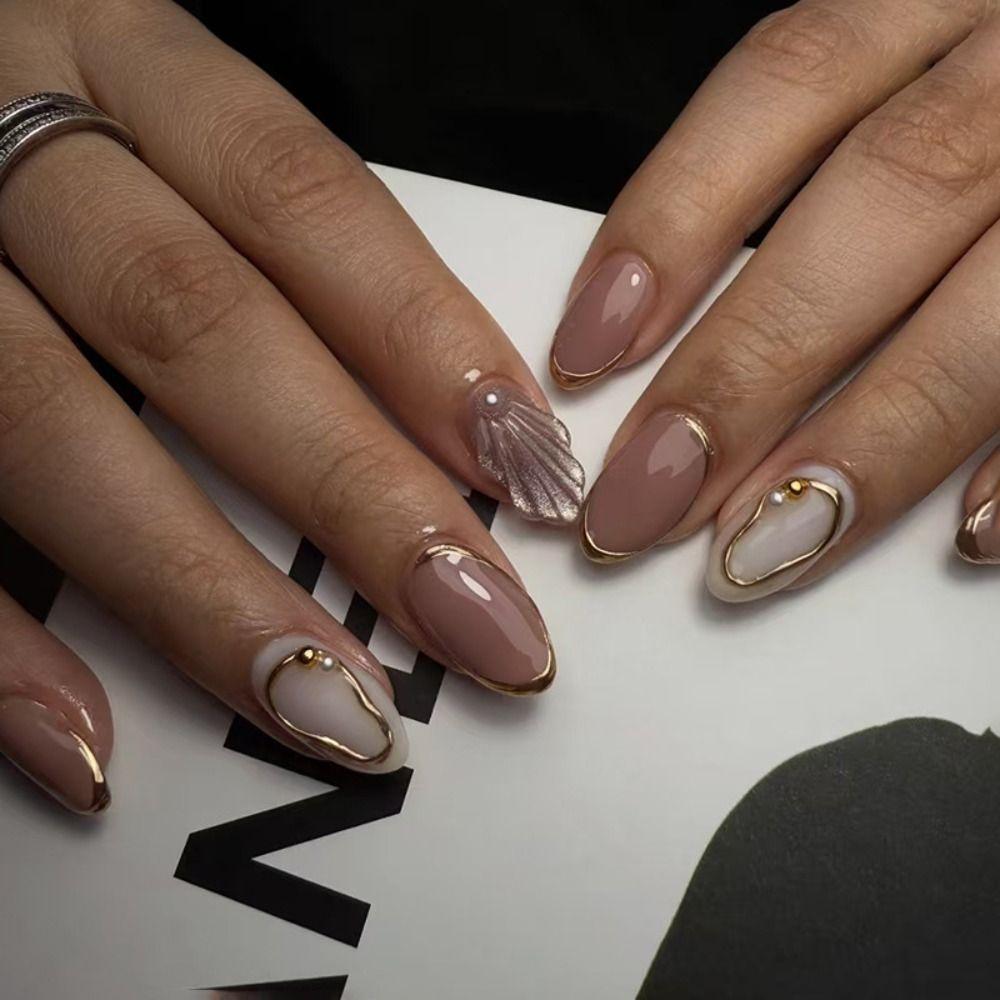 24pcs Manicure Oval False Nails Cat Eye Shell Pearl Press on Nails Detachable French Fake Nails DIY