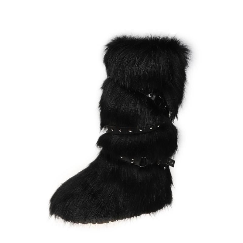 Y2K Spice Girls Sexy Tall Snow Boots New Cross Belt Buckle Fur Fluffy Boots