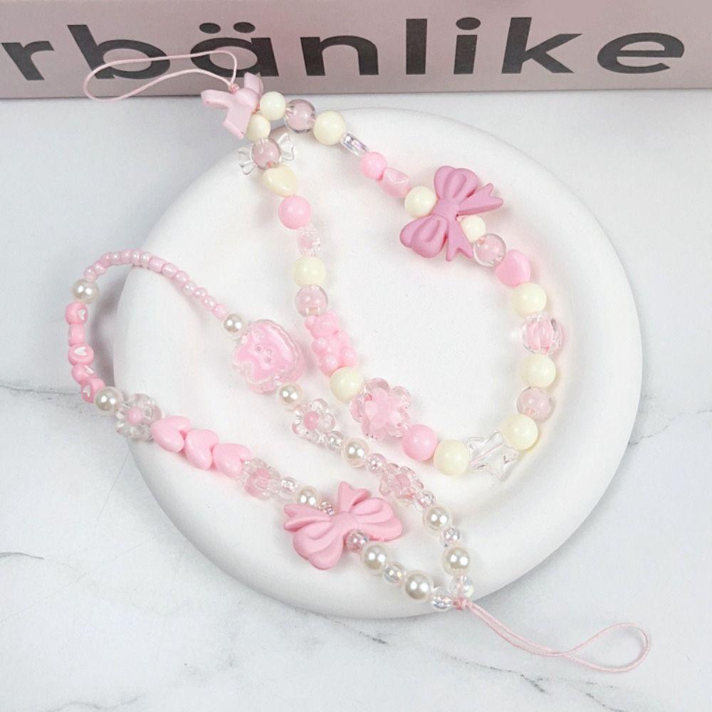 Plastic Pink Bead Love Bow Pendant Bowknot Bowknot Y2K Phone Lanyard  Bag Pendant