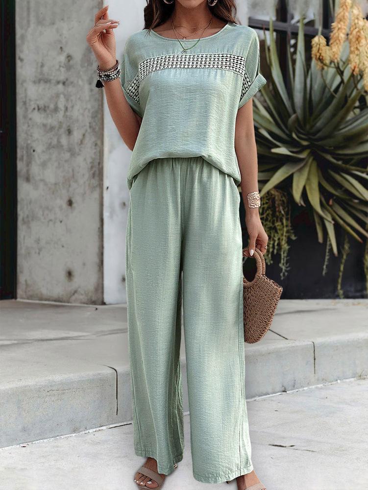 Women's Casual Fashion Solid Color Short Sleeve Long Pants Set