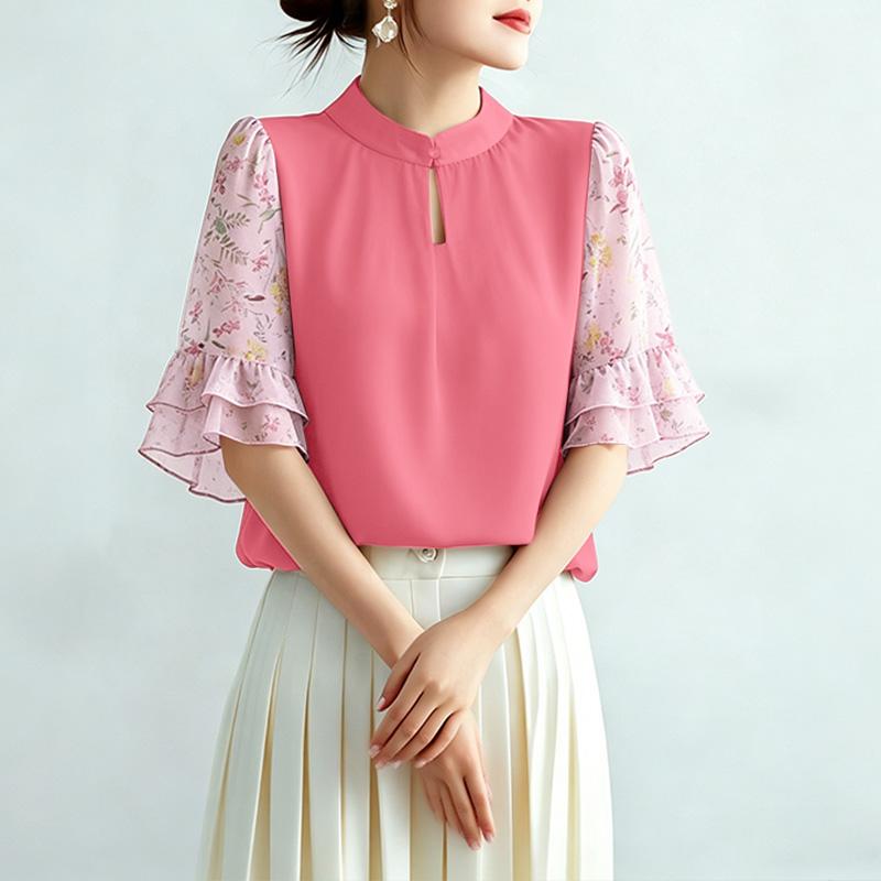 ZANZEA Women Casual Round Neck Print Splice Half Sleeve Loose Blouse M камео розовый