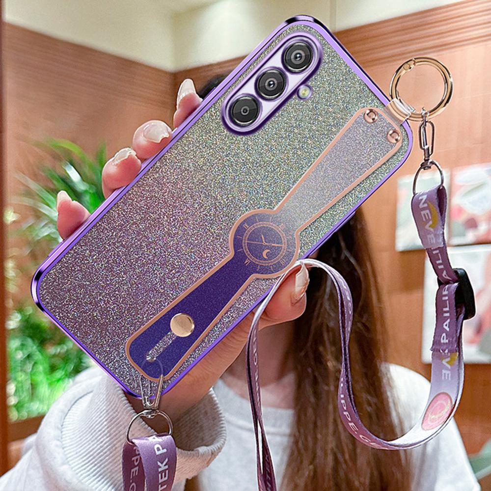

For Samsung Galaxy S25+ Case Electroplated Glitter Hand Strap Kickstand TPU Back Cover with Shoulder Strap C