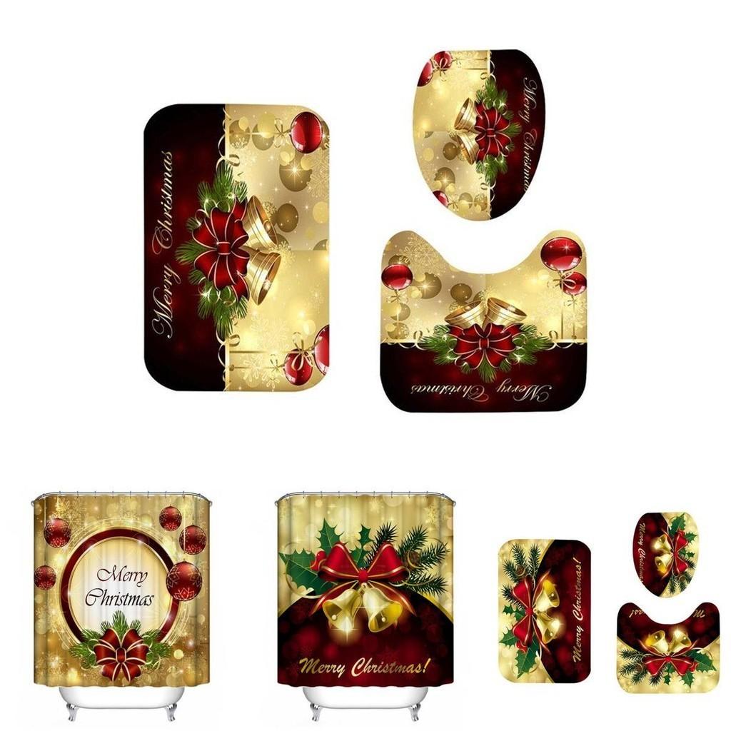 High-quality Waterproof Christmas Bathroom Set With Shower Curtain And Mat Pads