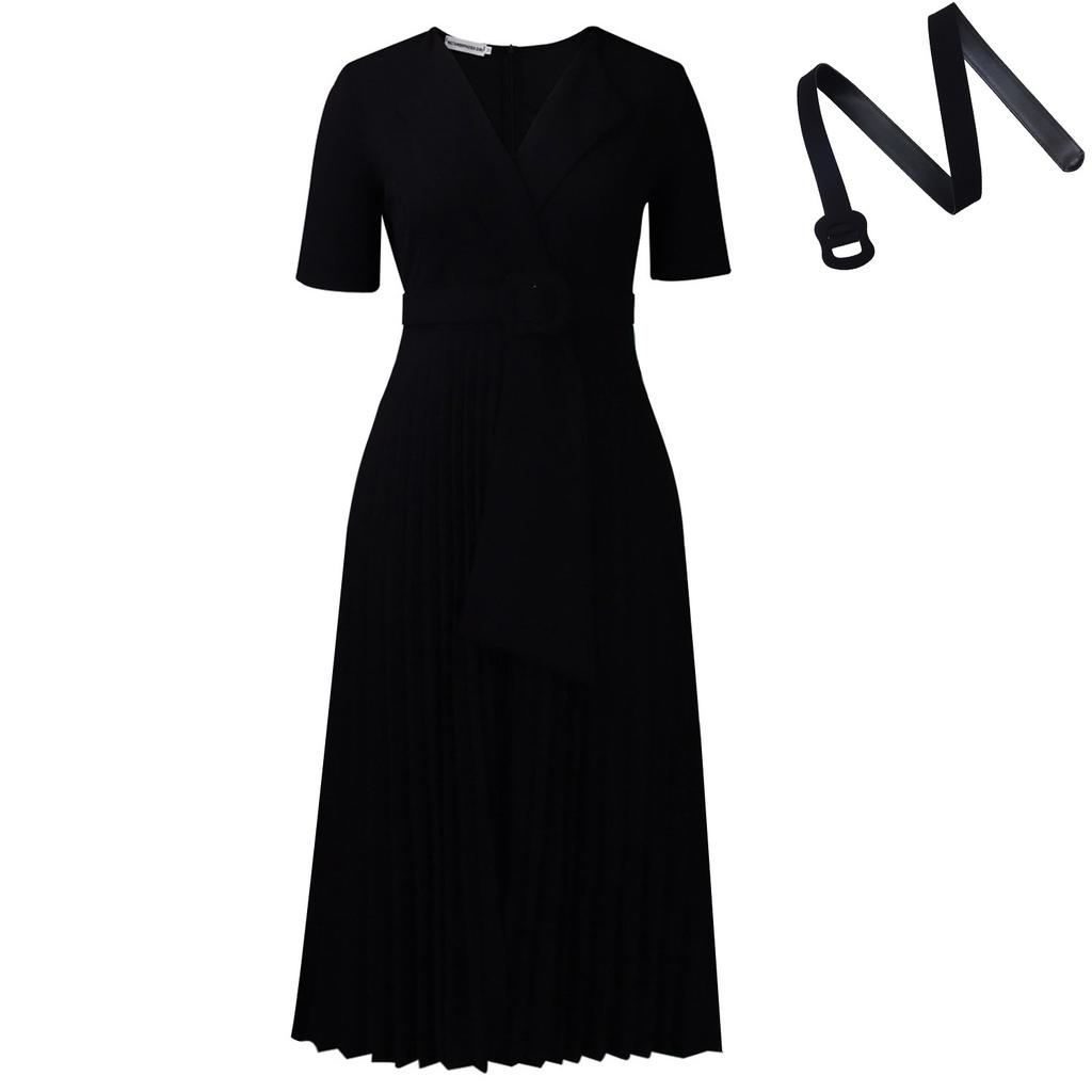 Sexy short-sleeved V-neck fashion temperament elegant pleated large size solid color dress