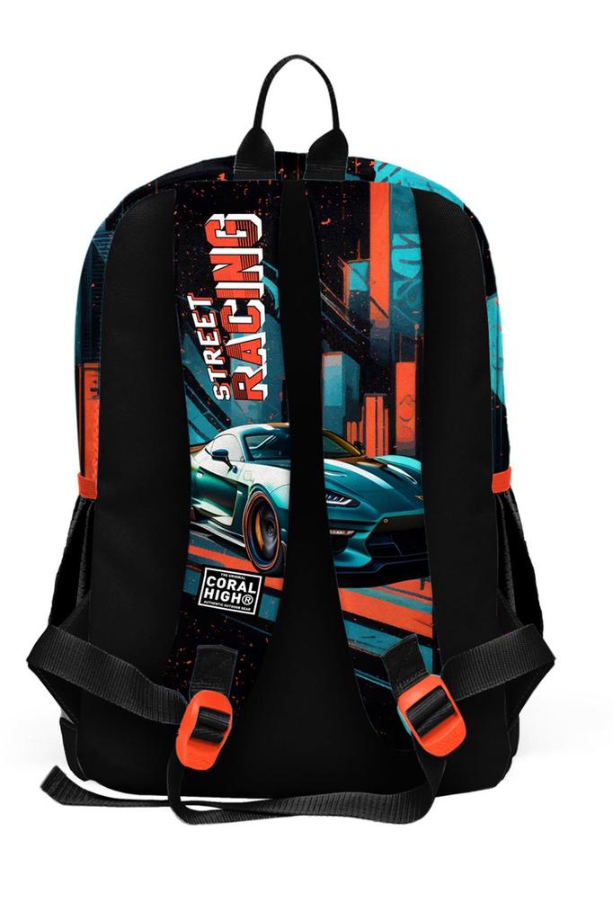 coral high Dětská sada třídílných školních tašek se vzorem černého závodního auta SET0123765